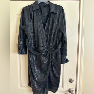 City Chic Black Sparkling Dress: ruched waist, elastic in back and cuff sleeve